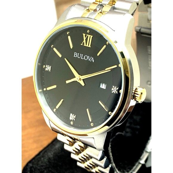Bulova Mens Watch 98D163 Black Dial Diamond Accent Quartz Two Tone Steel - Picture 1 of 14